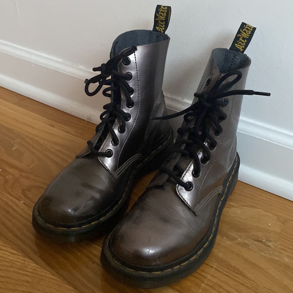 Dr. Martens Metallic Gray Lace Up Boots